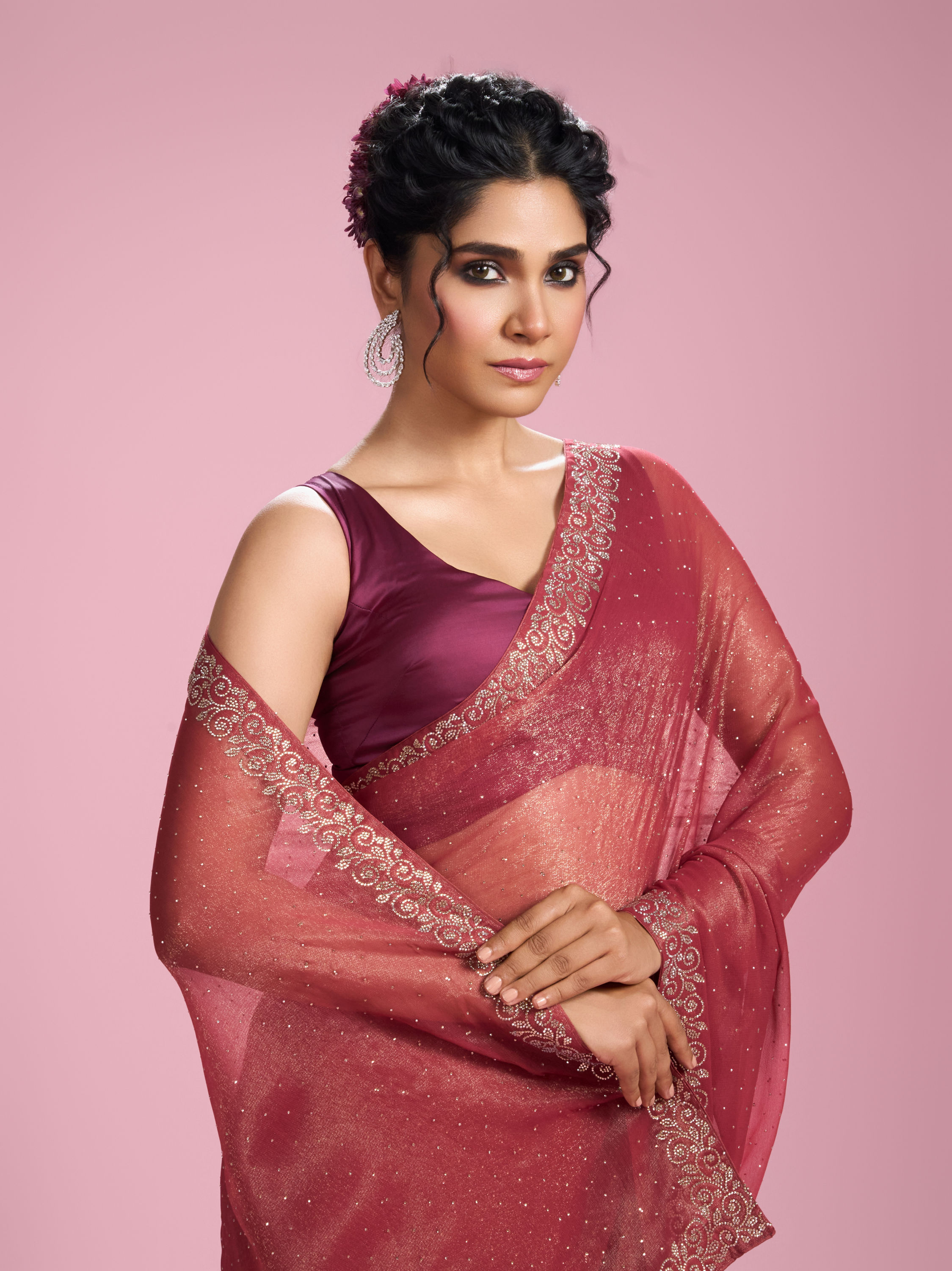 Mohey Women Purple Organza Elegance Saree