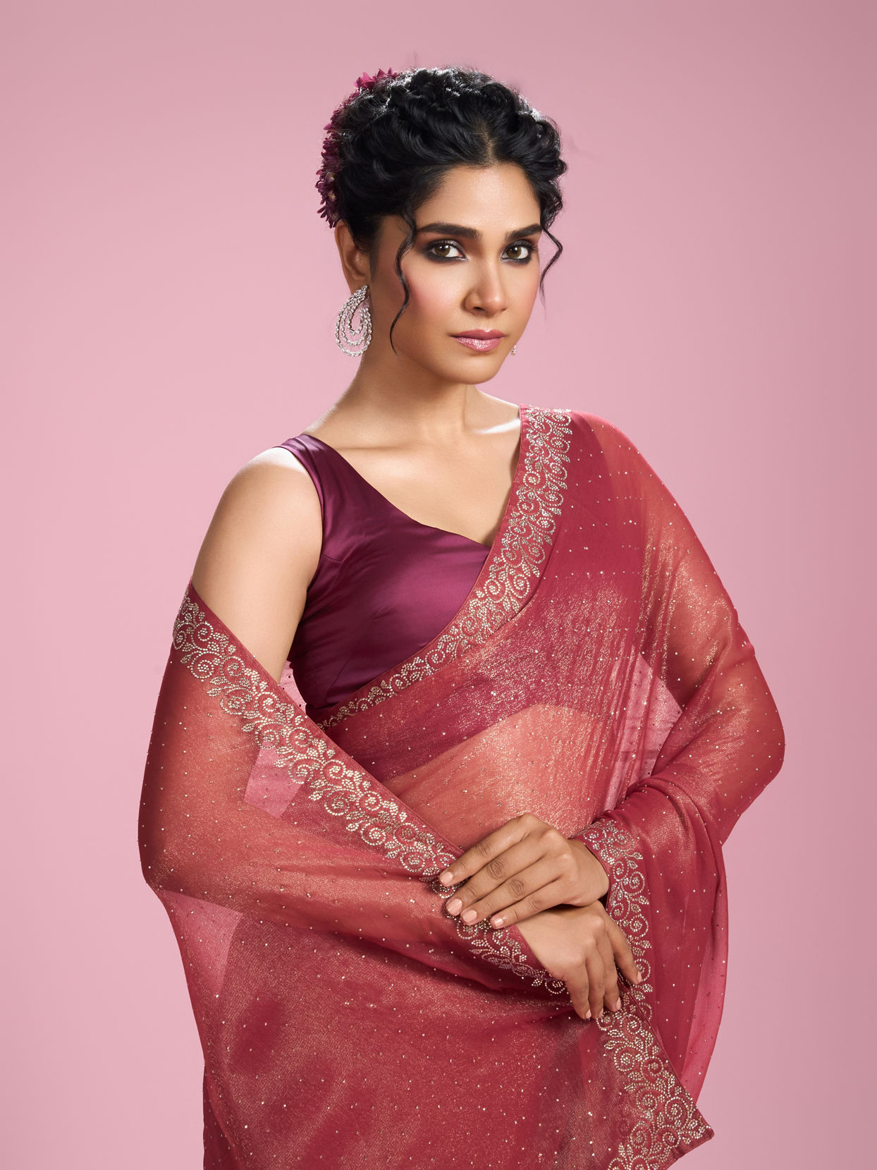 Mohey Women Purple Organza Elegance Saree