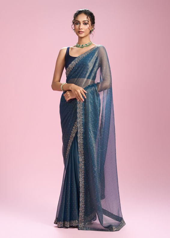 Mohey Women Radiant Light Blue Organza Saree