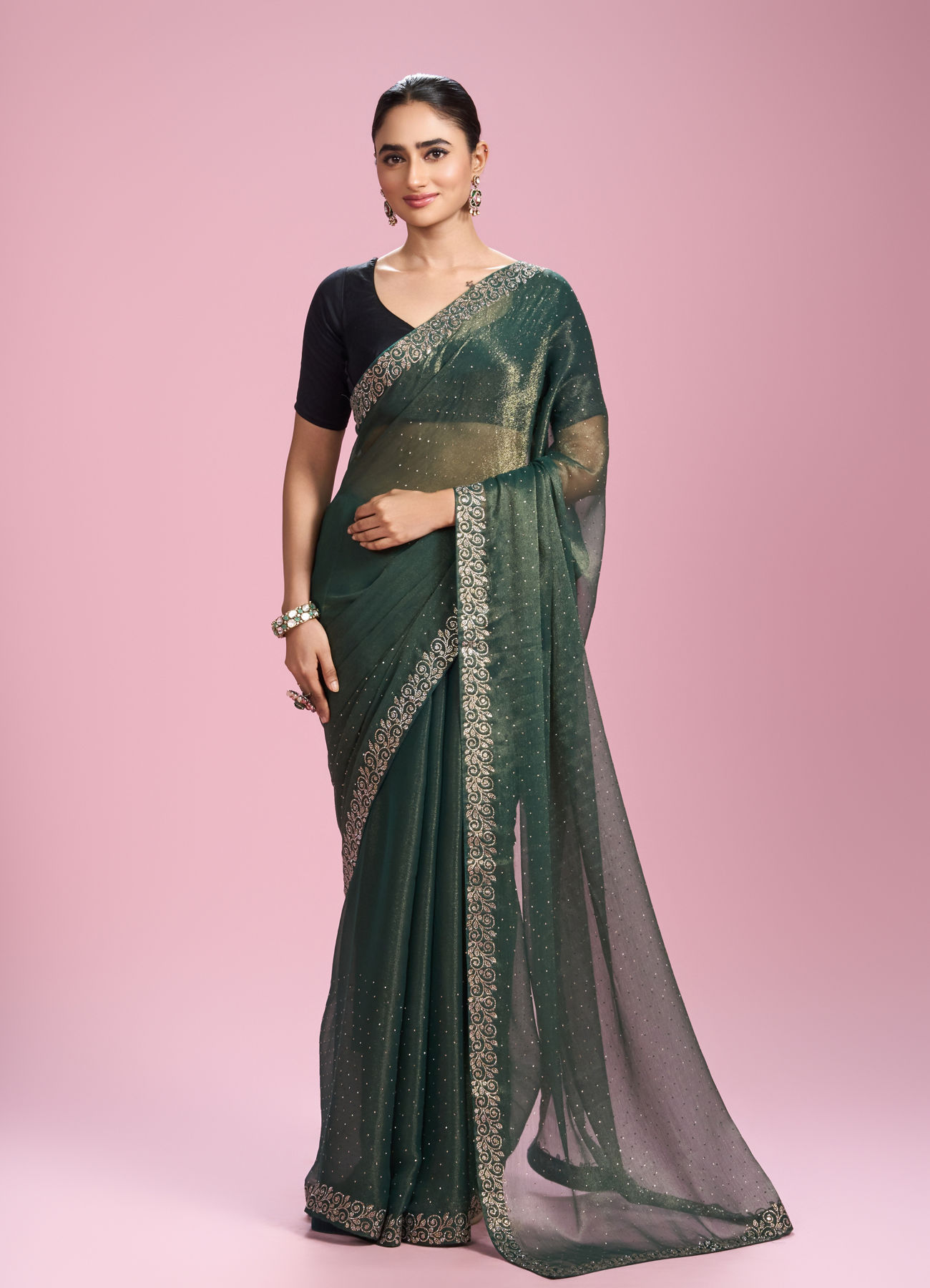 Mohey Women Elegant Sea Green Organza Saree