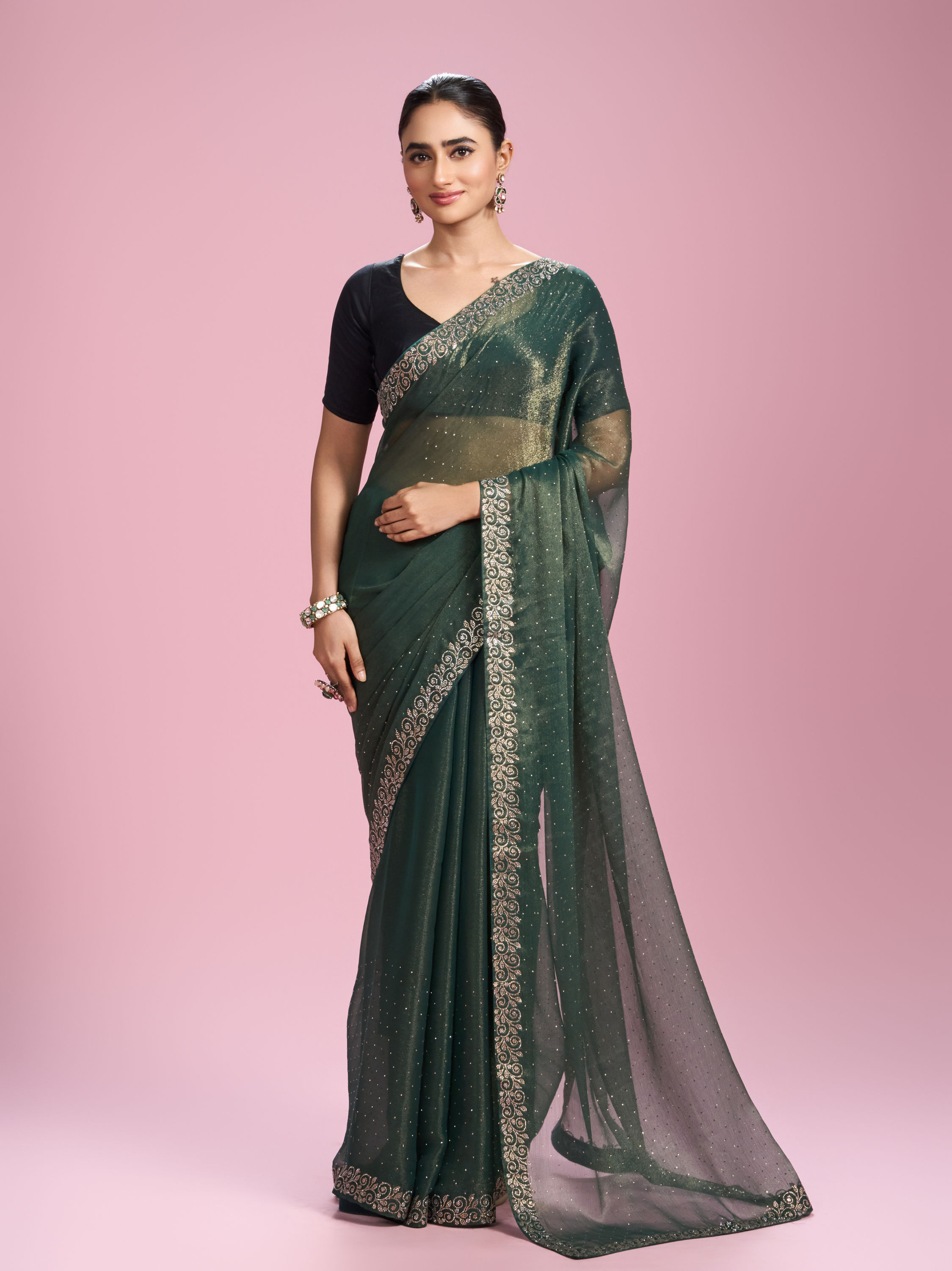 Mohey Women Elegant Sea Green Organza Saree