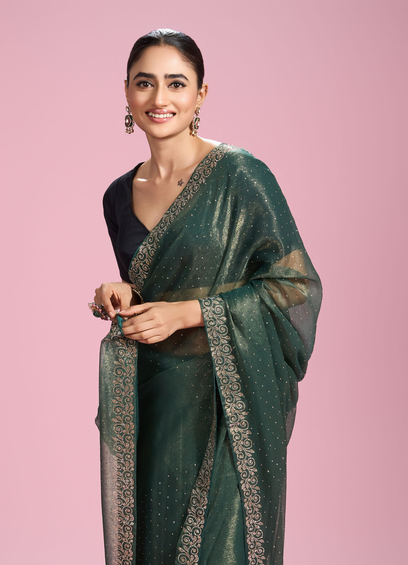 Mohey Women Elegant Sea Green Organza Saree
