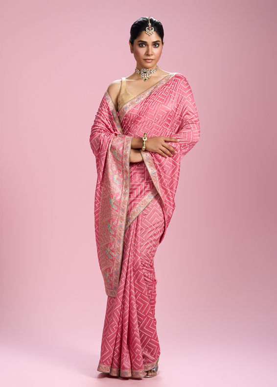 Mohey Women Elegant Pink Chinon Saree