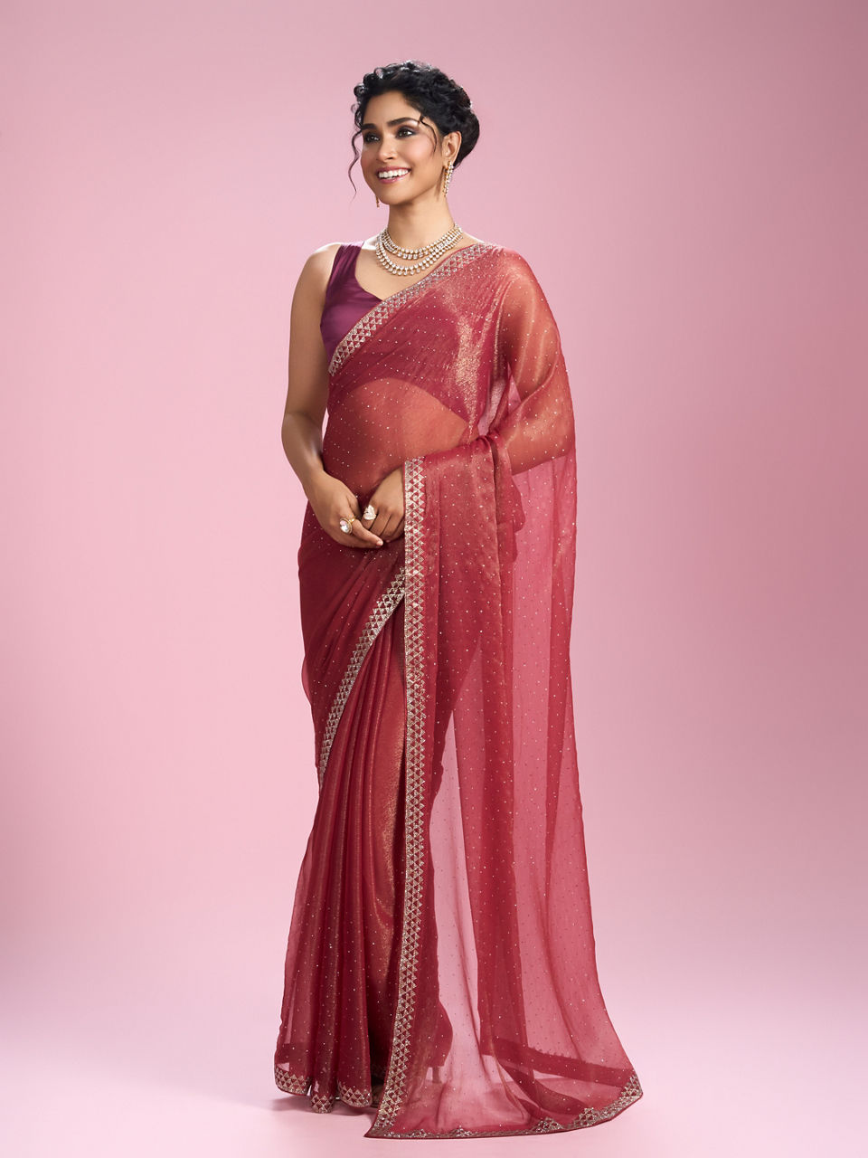 Mohey Women Gajree Pink Organza Elegance Saree