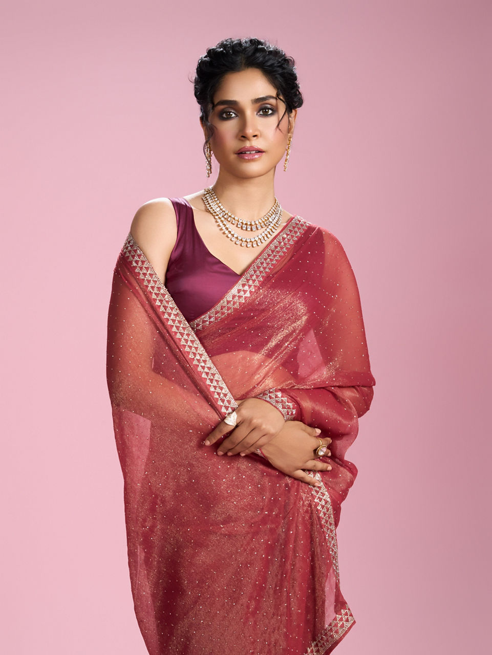 Mohey Women Gajree Pink Organza Elegance Saree