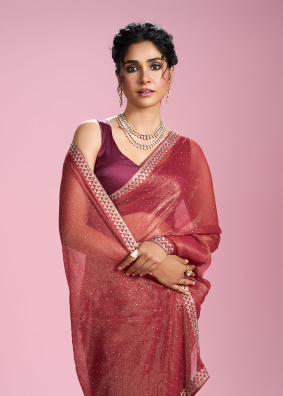 Mohey Women Gajree Pink Organza Elegance Saree