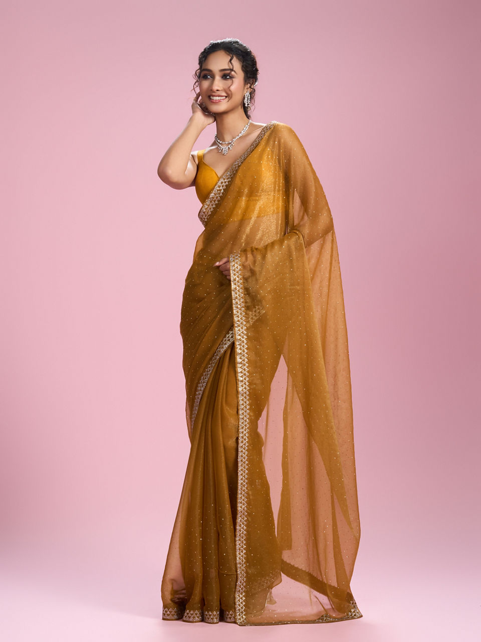 Mohey Women Mustard Yellow Organza Saree