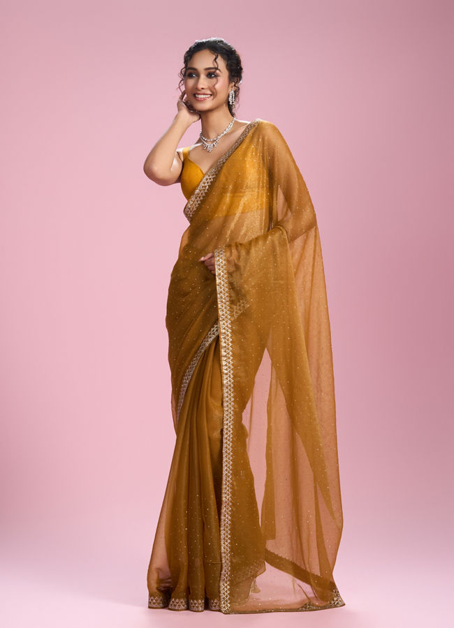 Mohey Women Mustard Yellow Organza Saree