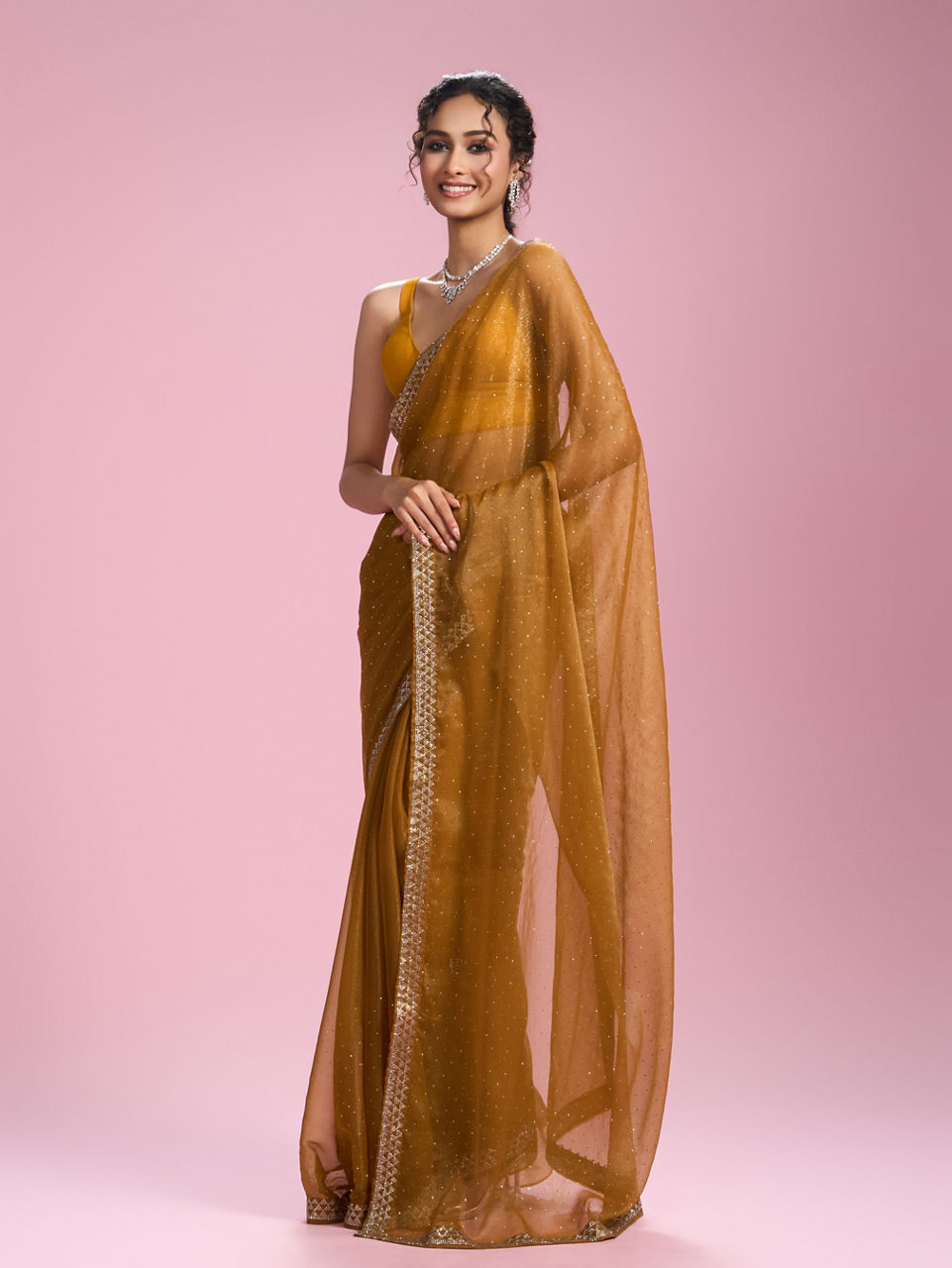 Mohey Women Mustard Yellow Organza Saree