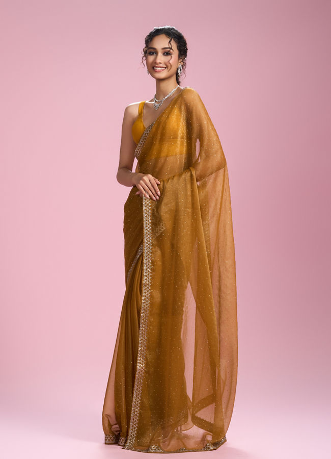 Mohey Women Mustard Yellow Organza Saree