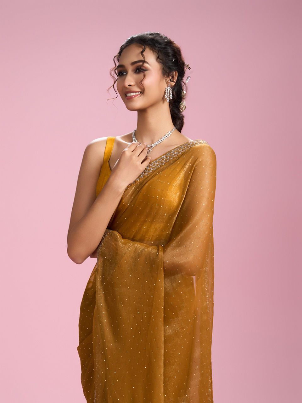 Mohey Women Mustard Yellow Organza Saree