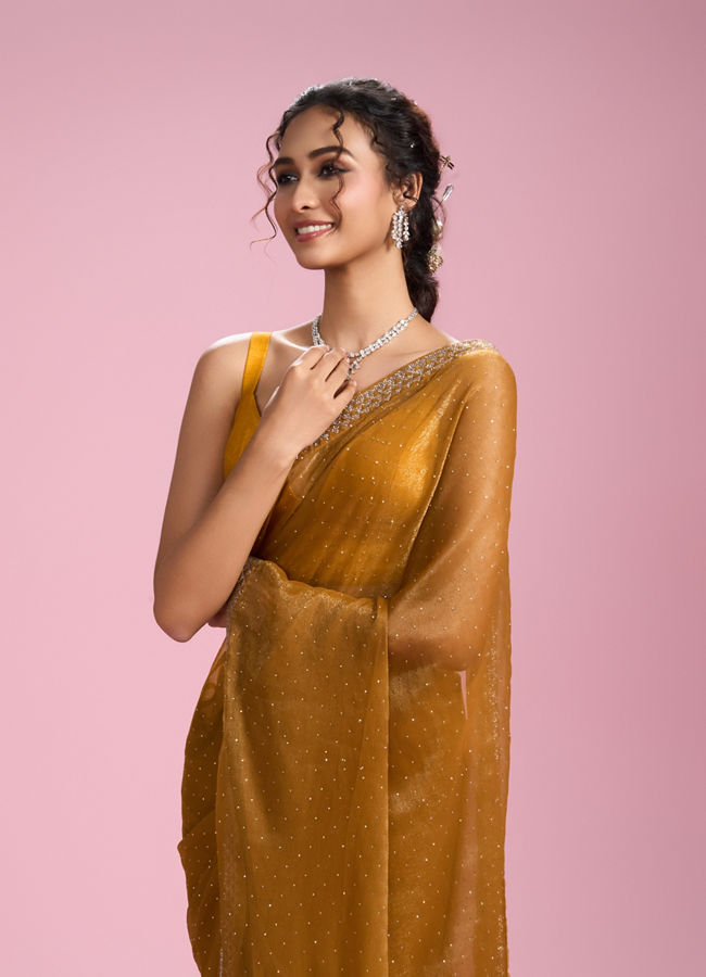 Mohey Women Mustard Yellow Organza Saree