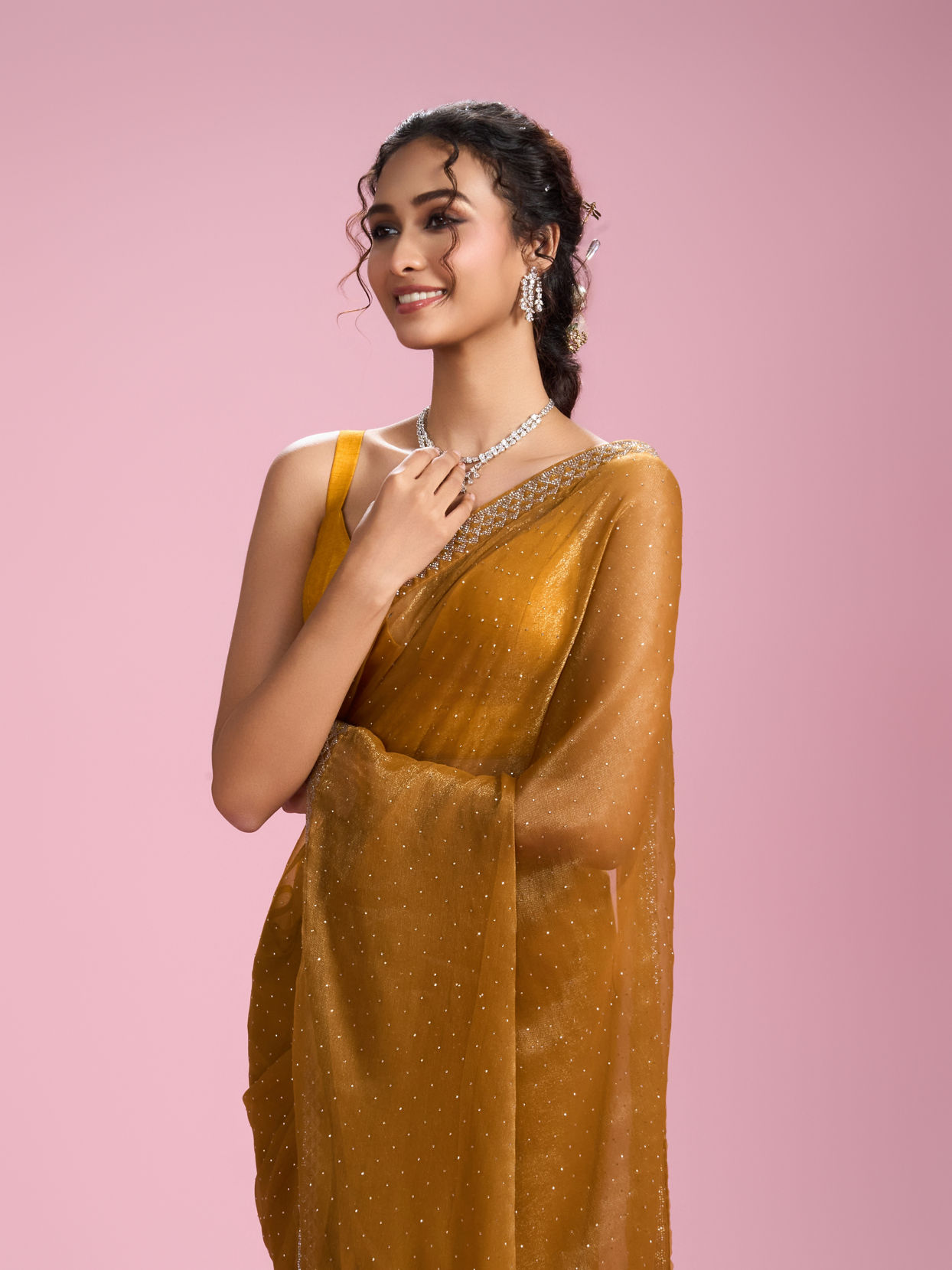 Mohey Women Mustard Yellow Organza Saree