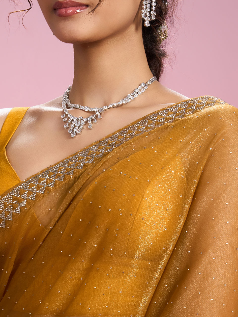 Mohey Women Mustard Yellow Organza Saree