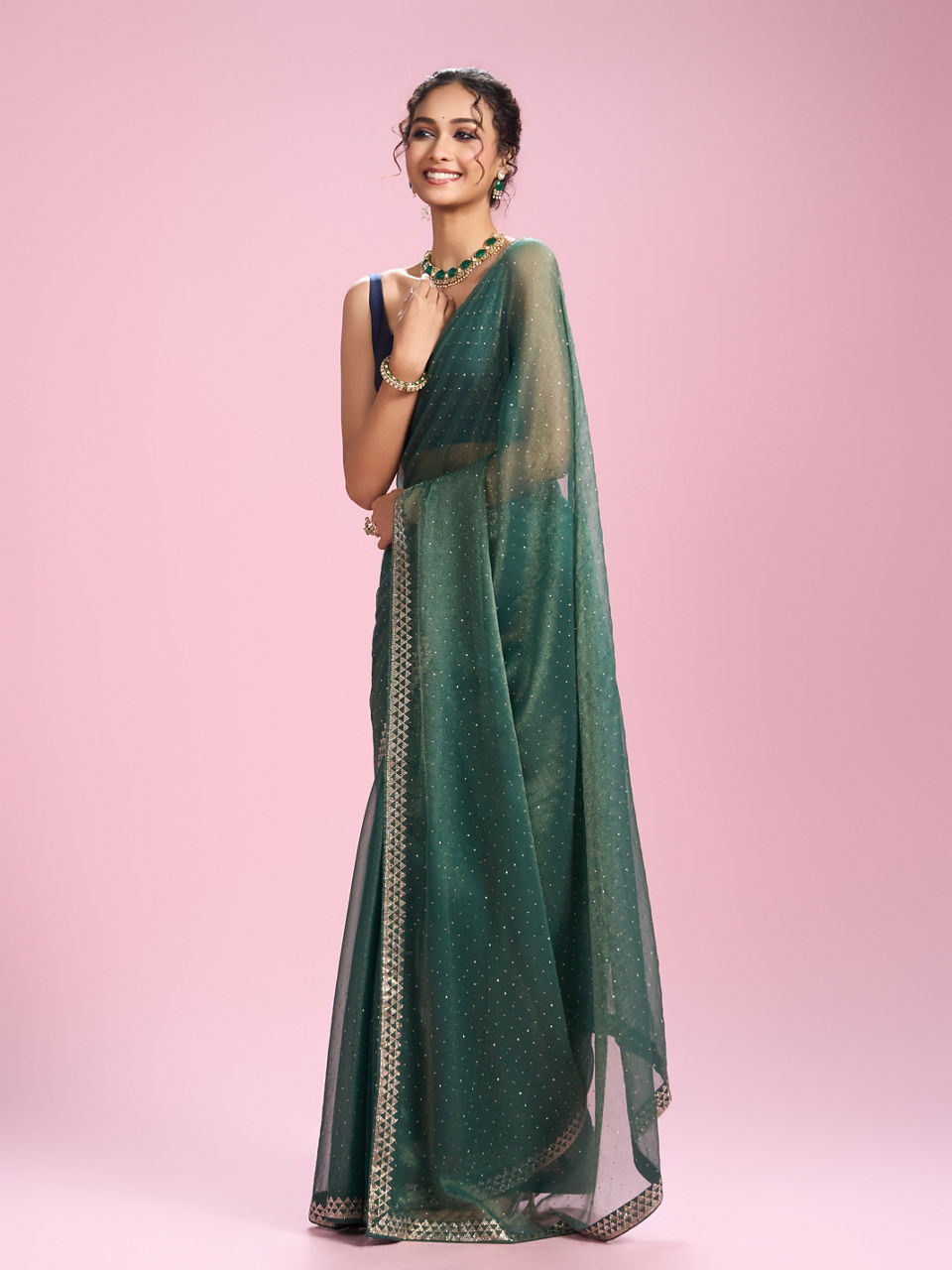 Mohey Women Sea Green Organza Charm Saree