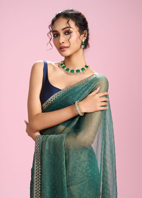 Mohey Women Sea Green Organza Charm Saree