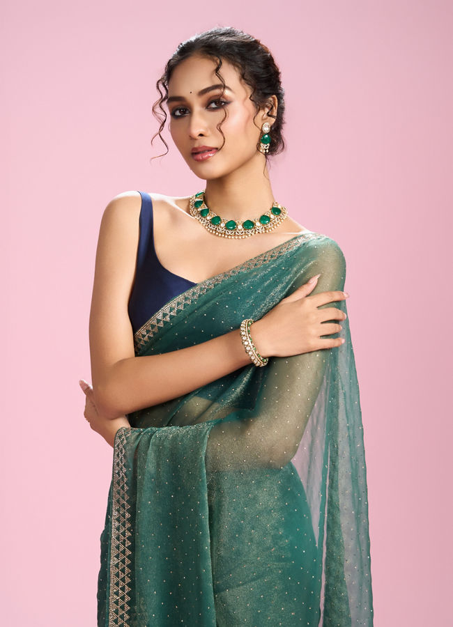 Mohey Women Sea Green Organza Charm Saree