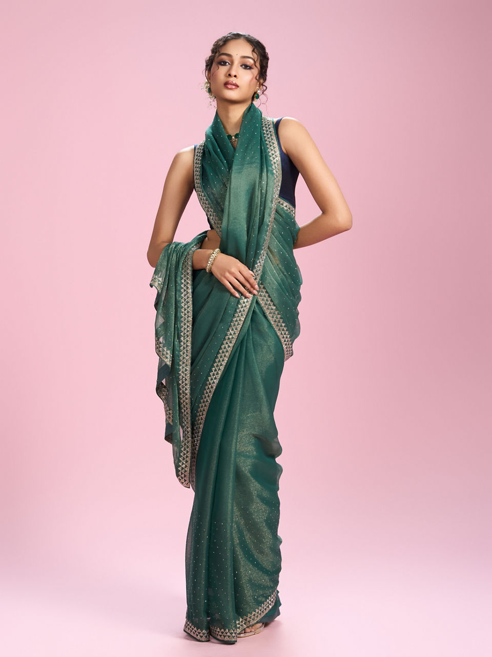 Mohey Women Sea Green Organza Charm Saree