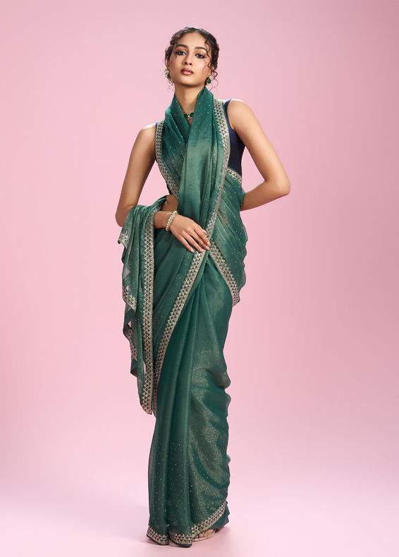 Mohey Women Sea Green Organza Charm Saree