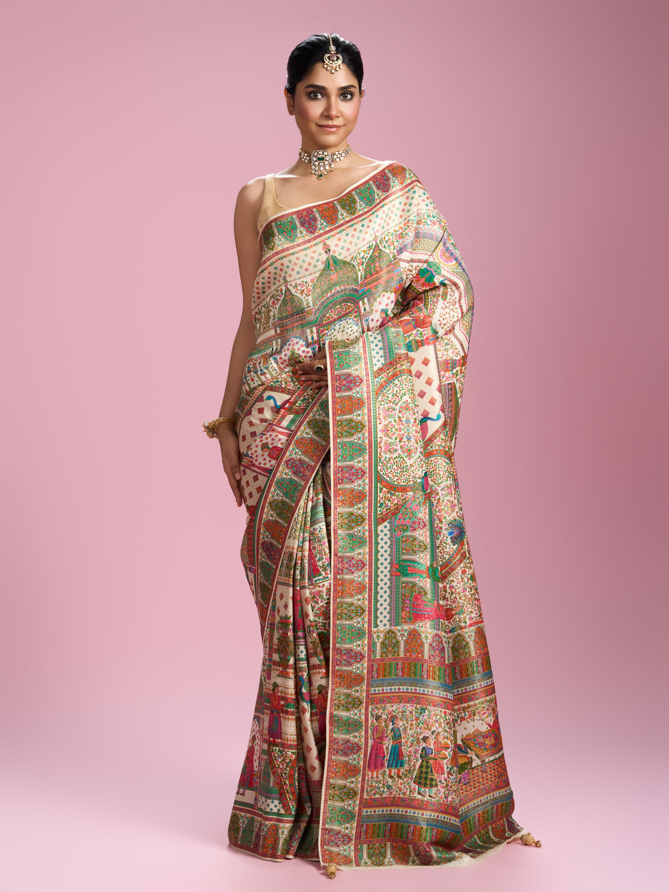 Mohey Women Elegant Cream Splendour Saree