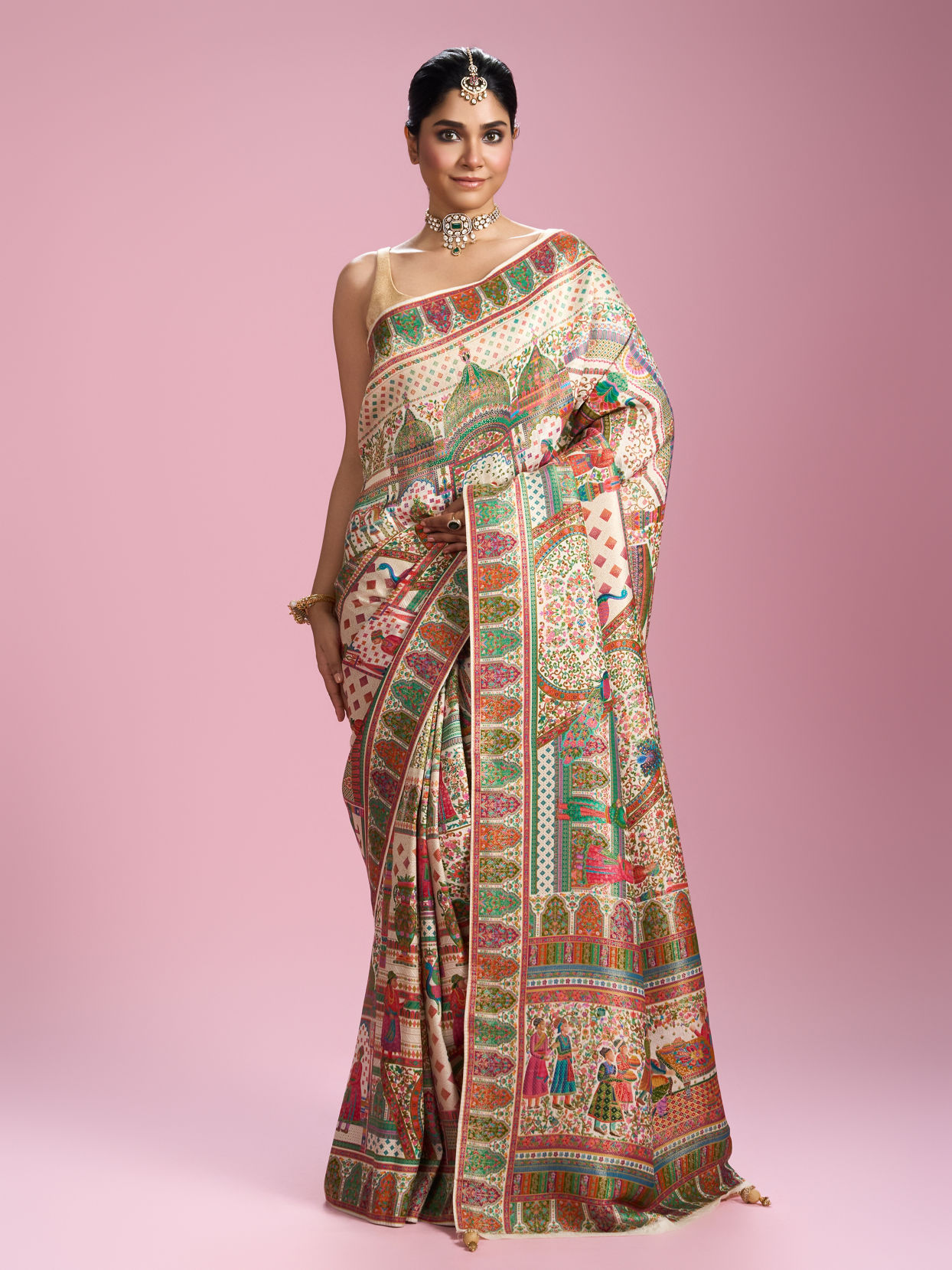 Mohey Women Elegant Cream Splendour Saree