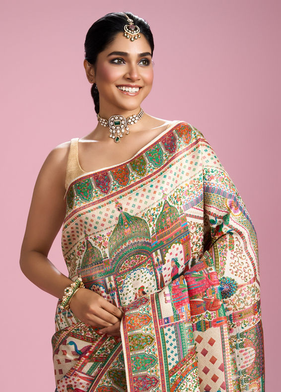Mohey Women Elegant Cream Splendour Saree