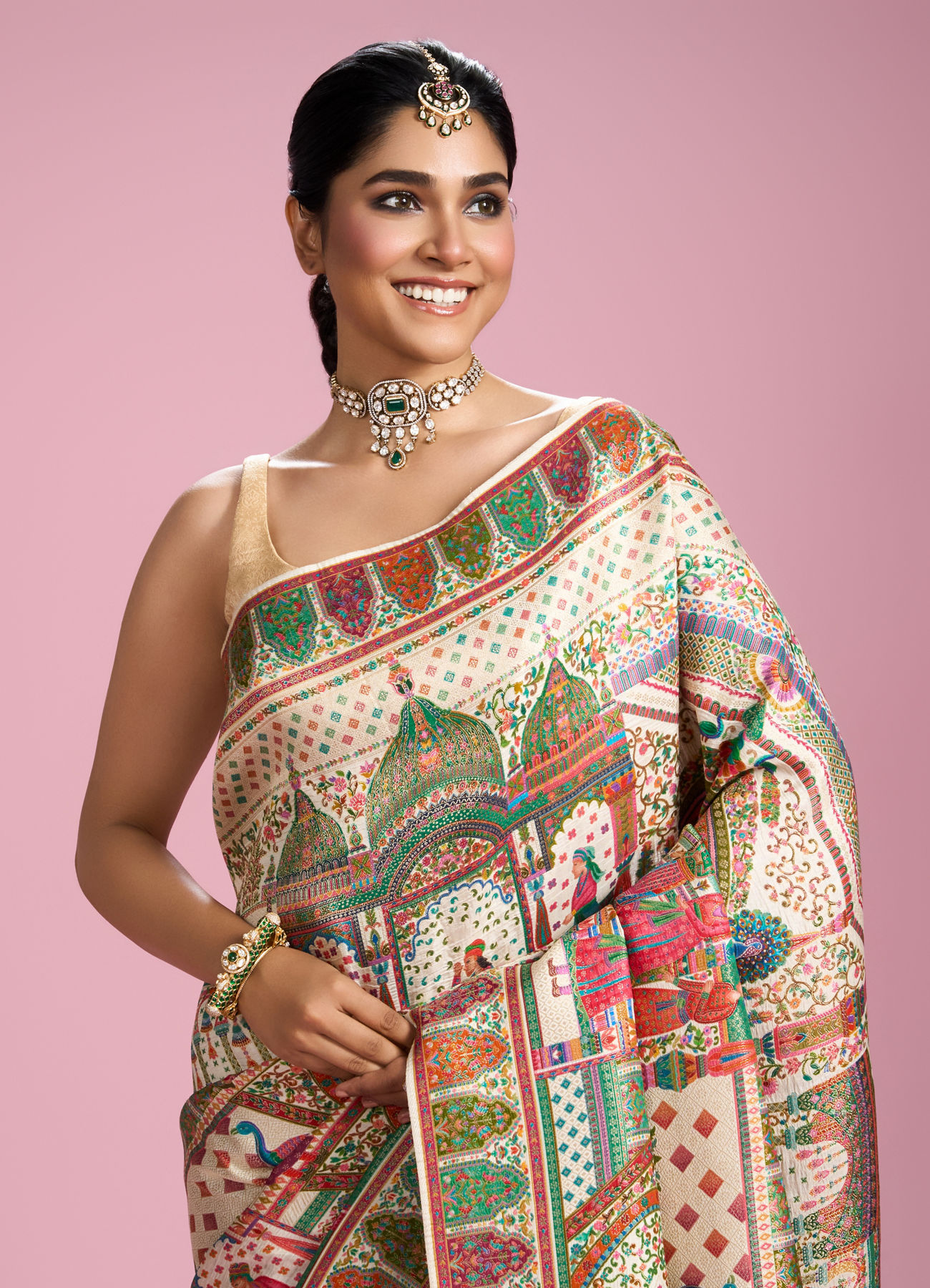 Mohey Women Elegant Cream Splendour Saree