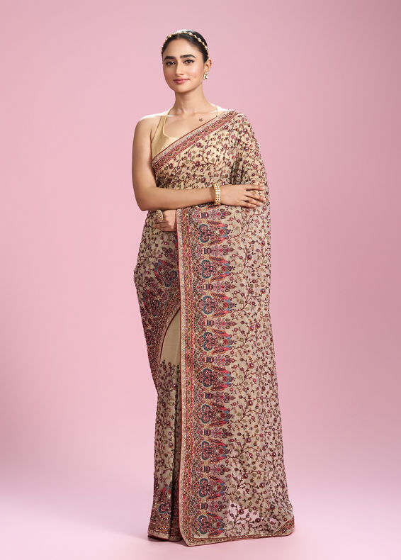 Mohey Women Cream Organza Saree