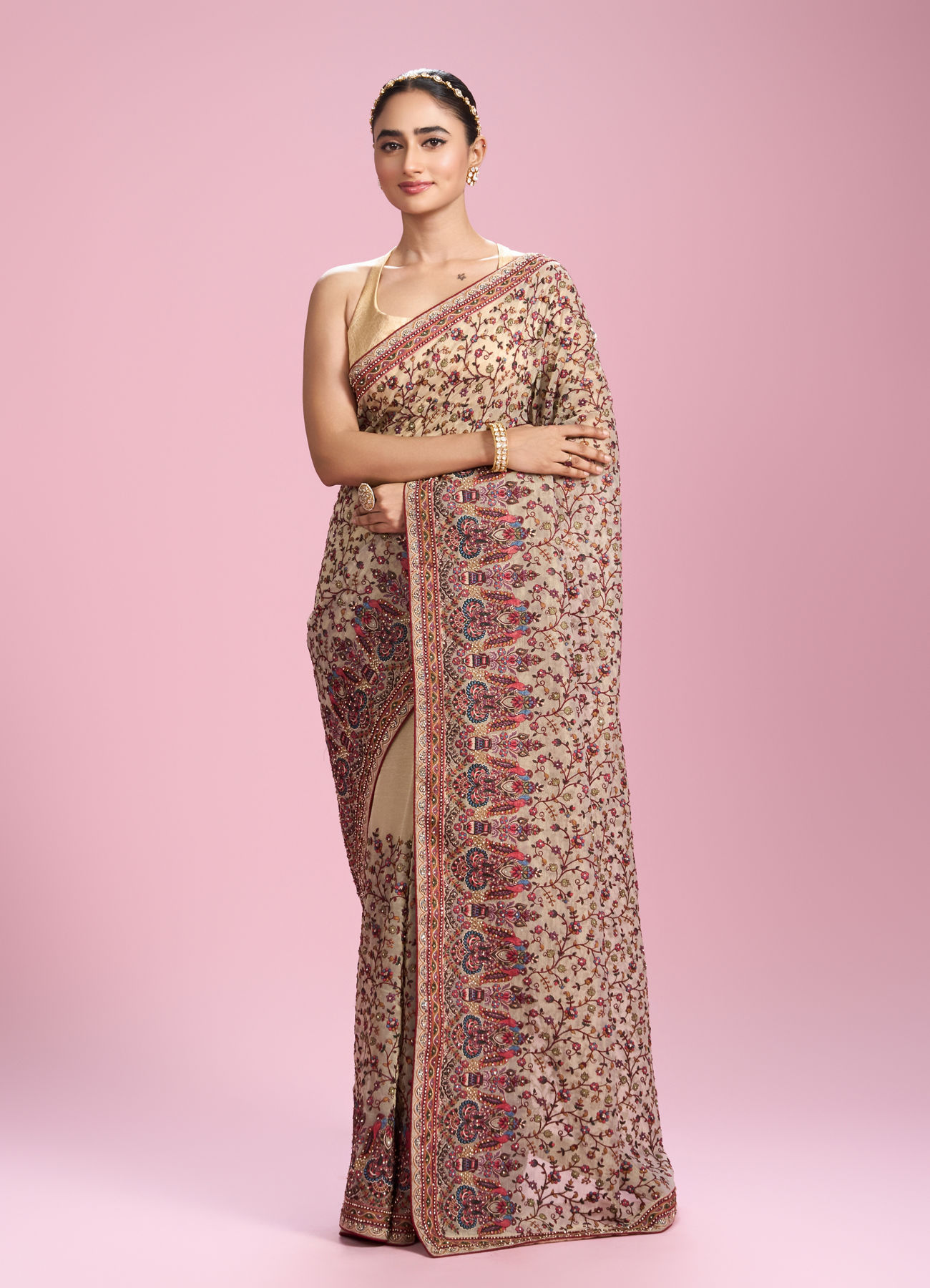 Mohey Women Cream Organza Saree