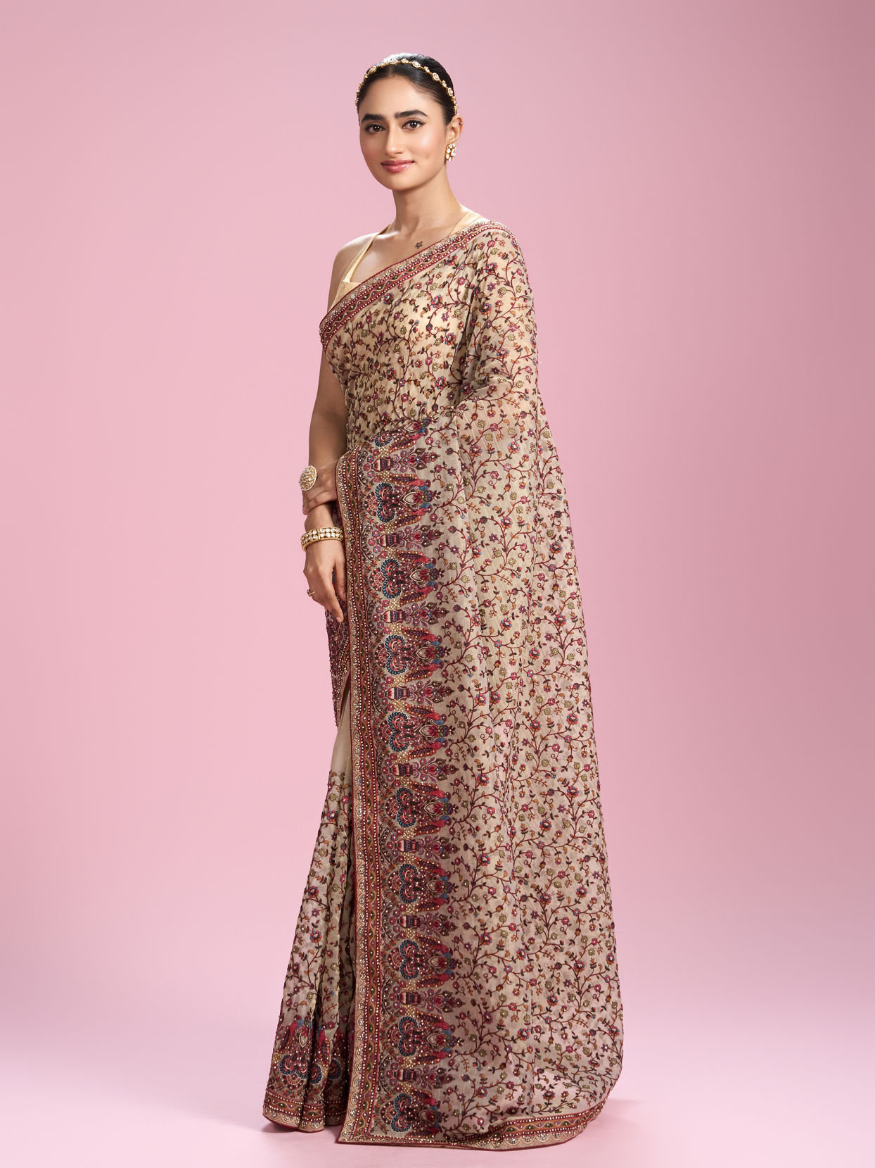 Mohey Women Cream Organza Saree