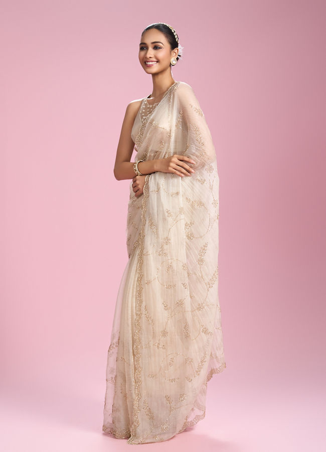 Mohey Women Ornate Cream Organza Saree
