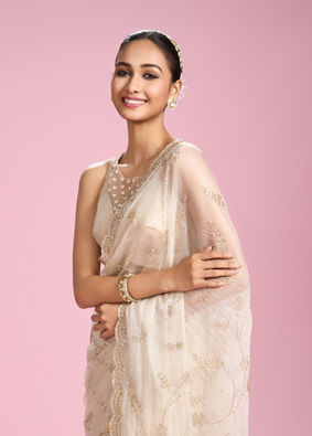 Mohey Women Ornate Cream Organza Saree