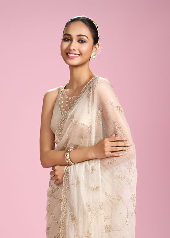 Mohey Women Ornate Cream Organza Saree