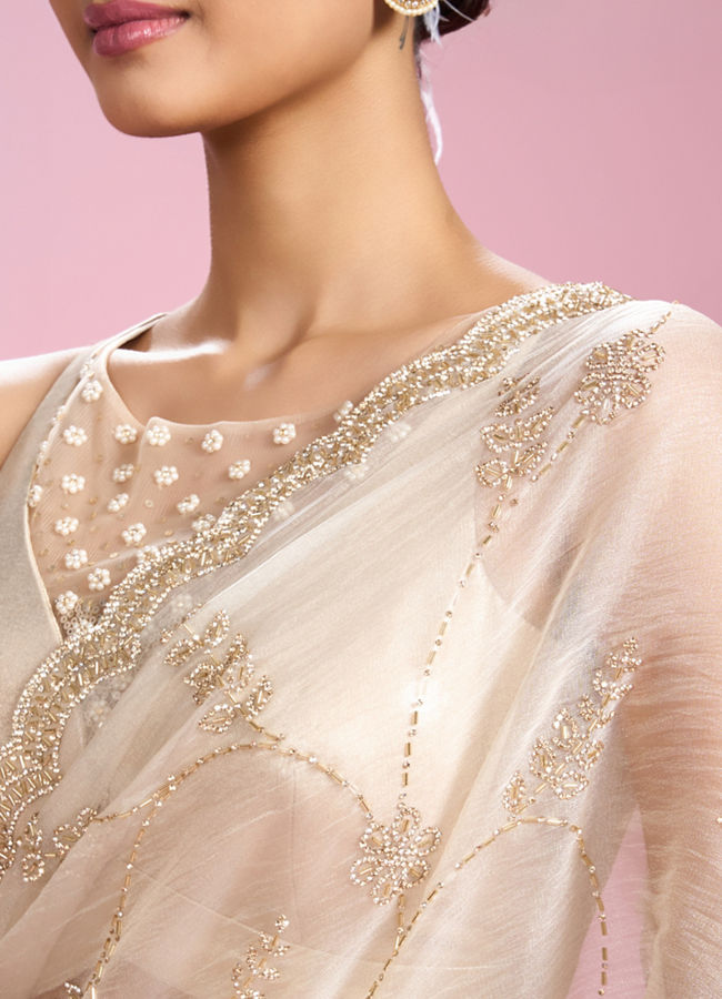 Mohey Women Ornate Cream Organza Saree
