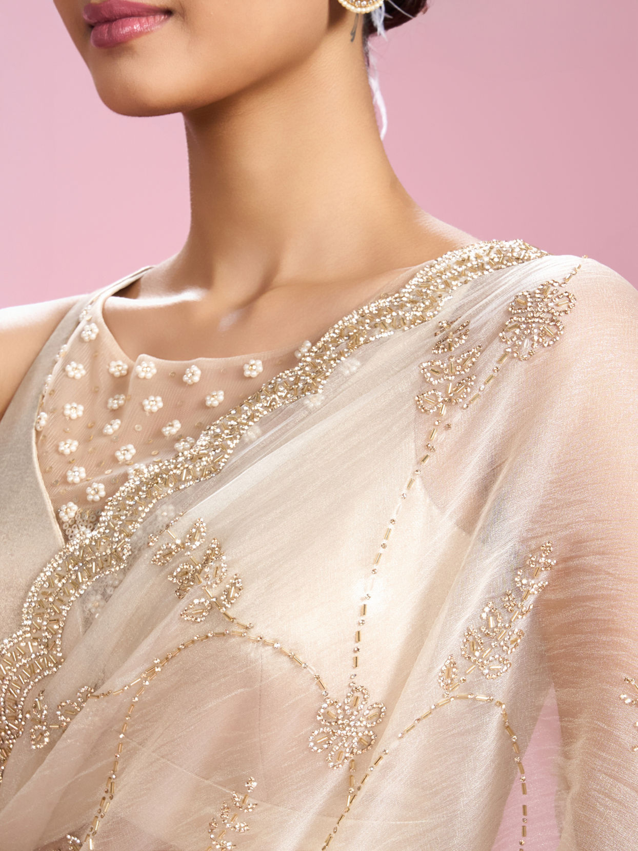 Mohey Women Ornate Cream Organza Saree