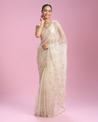 Mohey Women Ornate Cream Organza Saree