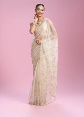 Mohey Women Ornate Cream Organza Saree