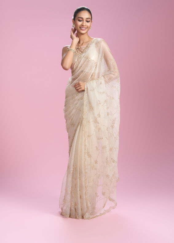 Mohey Women Ornate Cream Organza Saree