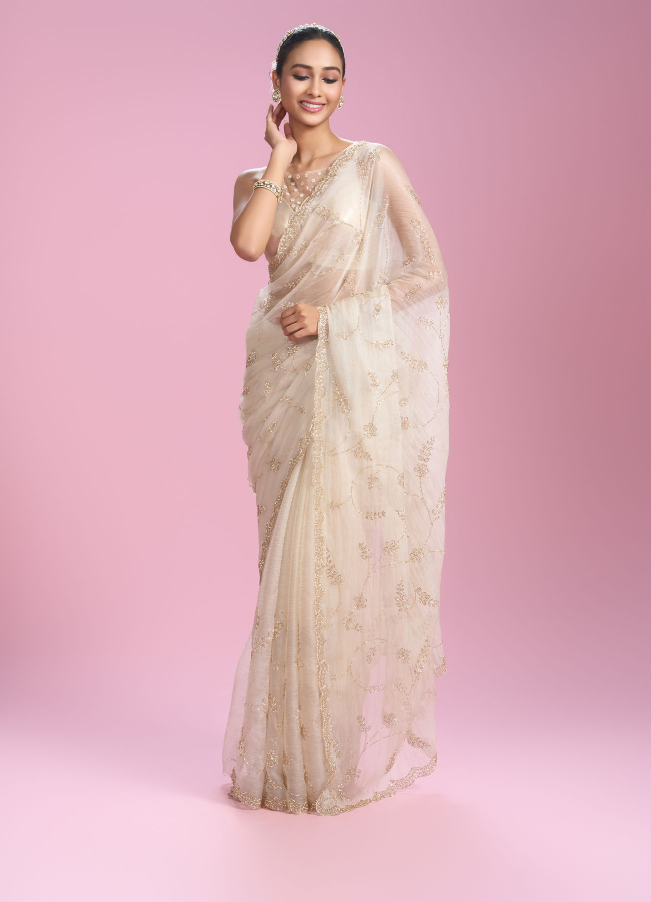 Mohey Women Ornate Cream Organza Saree