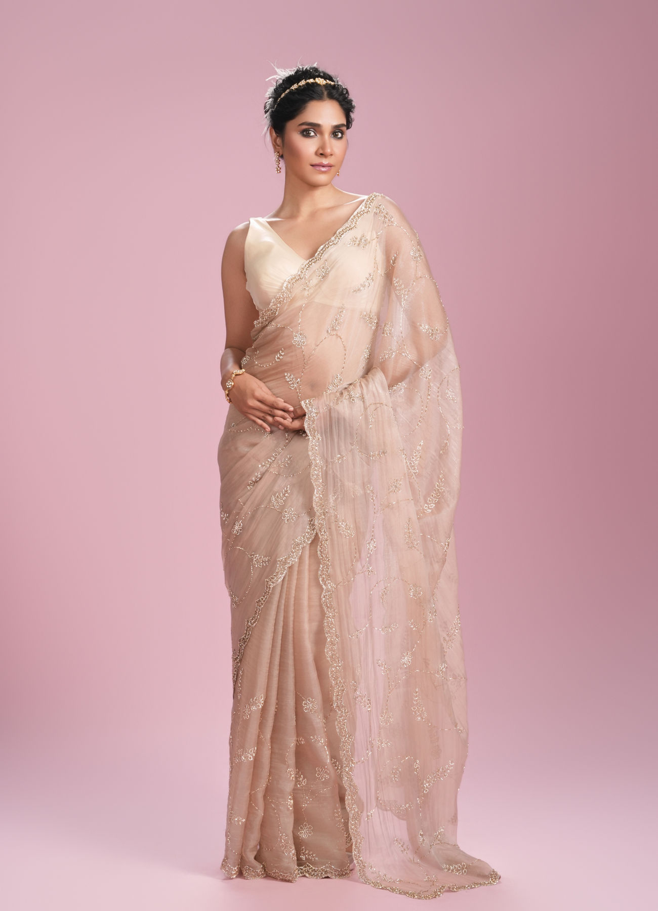 Mohey Women Fawn Organza Elegance Saree