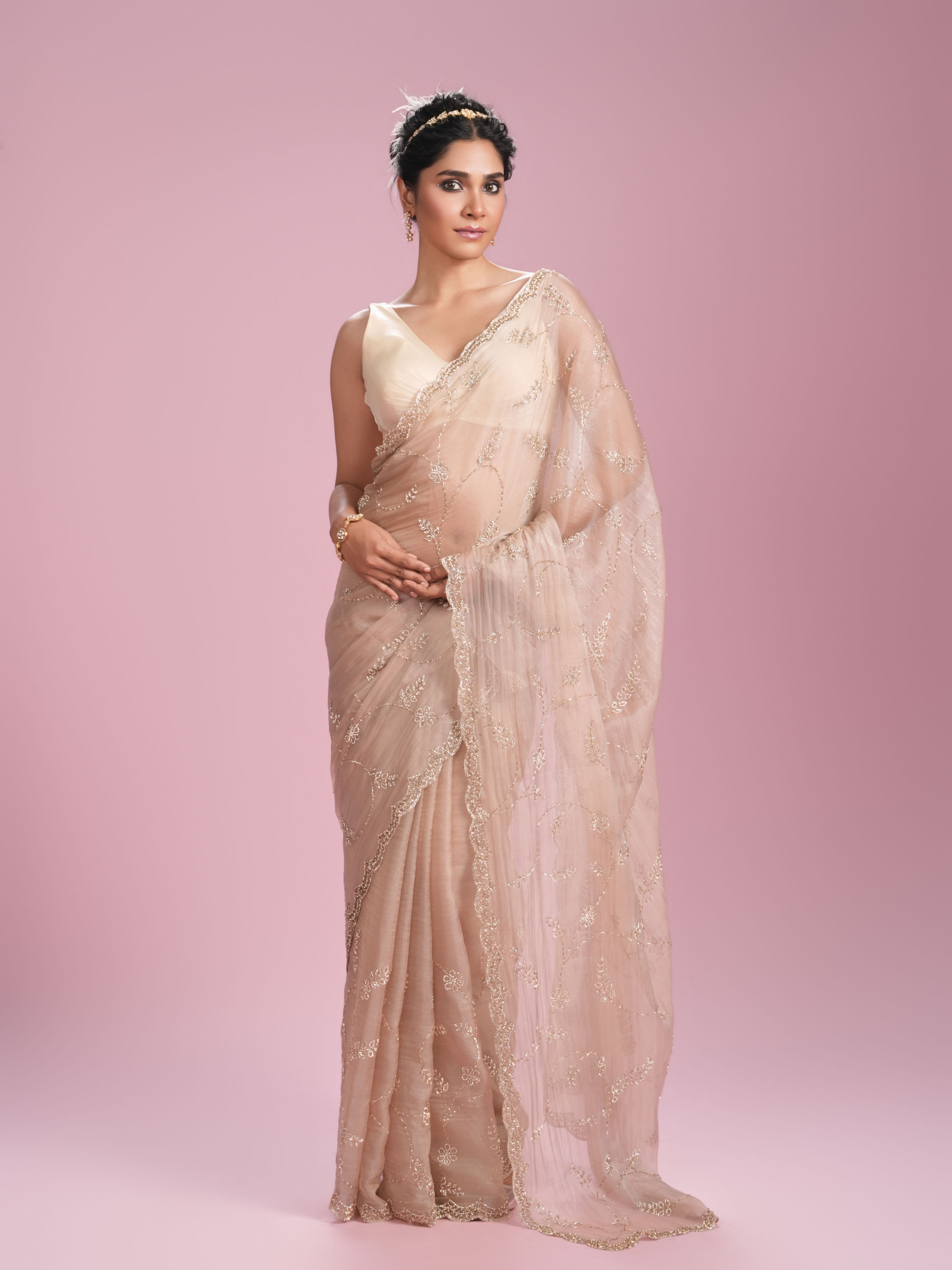 Mohey Women Fawn Organza Elegance Saree