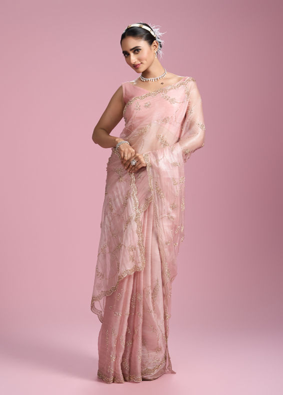 Mohey Women Elegant Pink Organza Saree