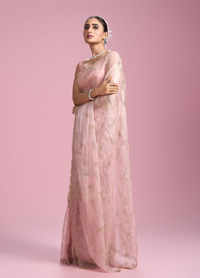 Mohey Women Elegant Pink Organza Saree