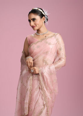 Mohey Women Elegant Pink Organza Saree