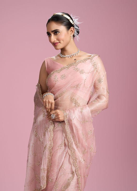 Mohey Women Elegant Pink Organza Saree