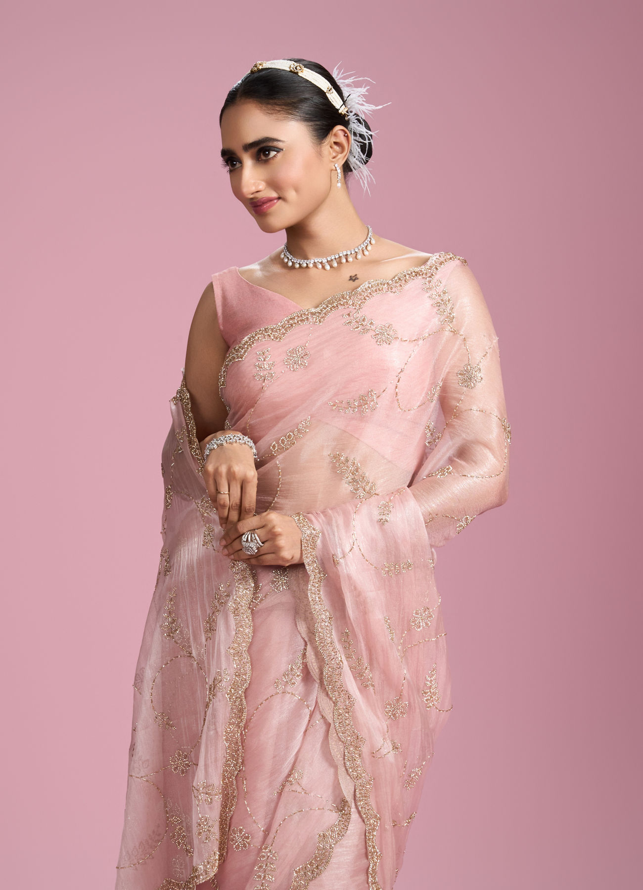 Mohey Women Elegant Pink Organza Saree