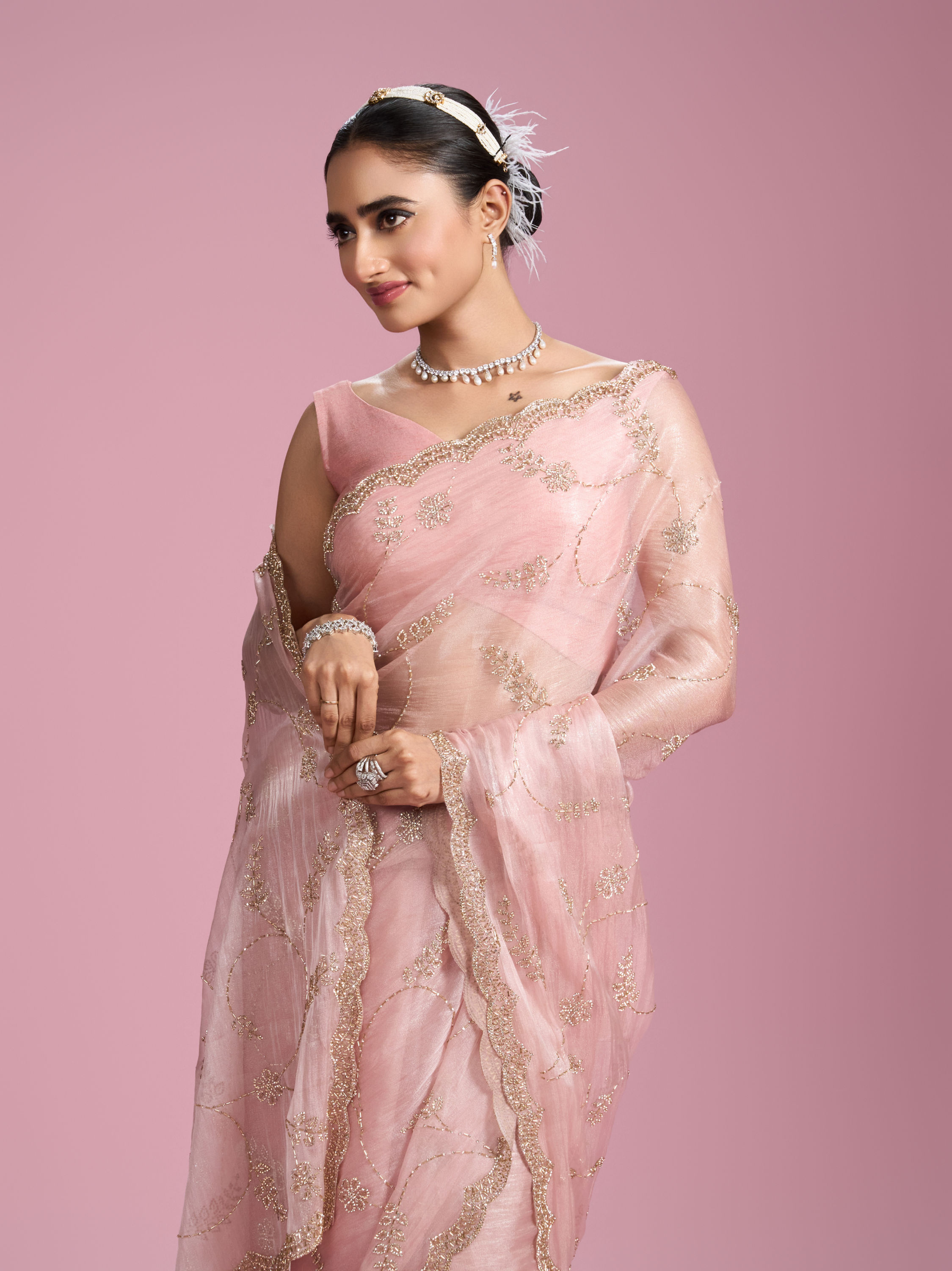 Mohey Women Elegant Pink Organza Saree