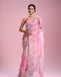 Mohey Women Glamorous Pink Organza Saree