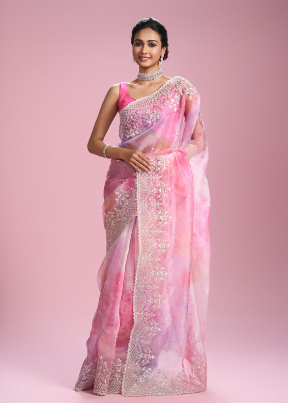 Mohey Women Glamorous Pink Organza Saree