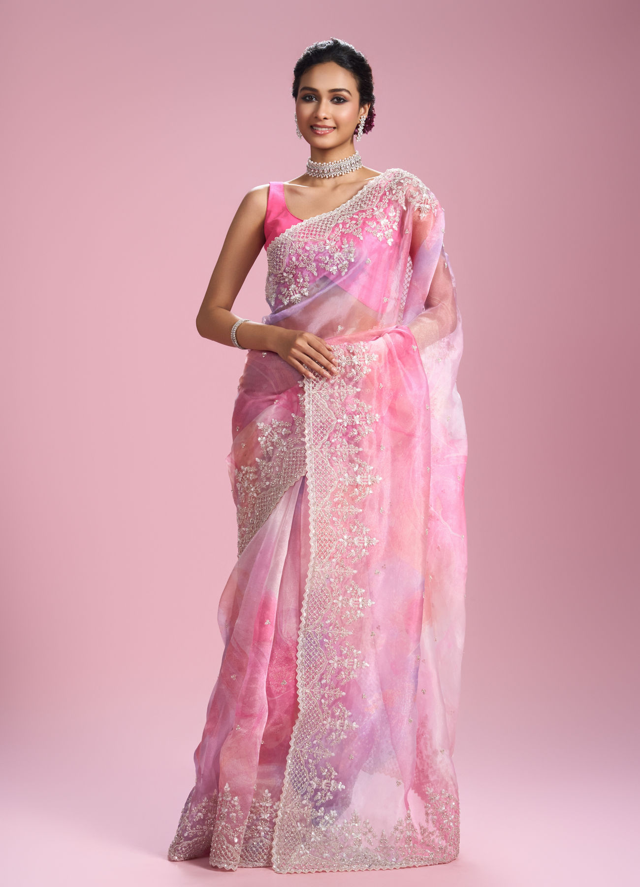 Mohey Women Glamorous Pink Organza Saree